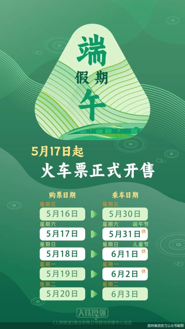 配资炒股网 端午假期购票日历发布 5月17日起假期火车票正式开售